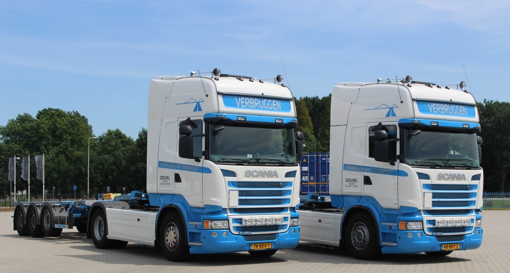 Vijf zeer strak vormgegeven Scania R 450 Euro 6 Streamlines voor Verbruggen Int. Transport uit Dreumel.